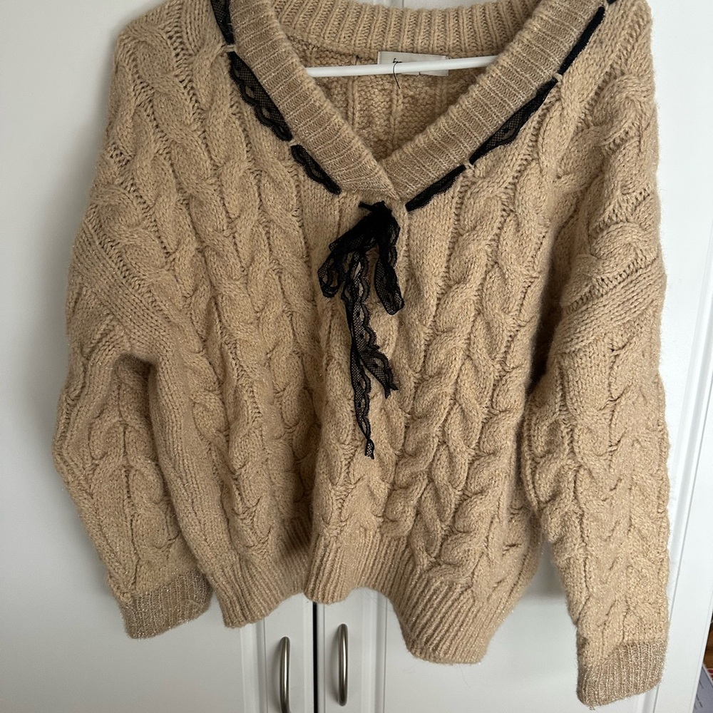 Women's Cable Knit Sweater with Lace Detail - Tan